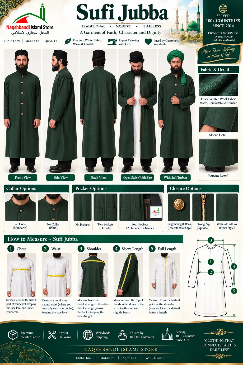 Traditional Sufi Jubba measurement guide showing chest, waist, shoulder, sleeve length and full length measurements, with thick winter wool fabric, Ban and straight collars, large pockets and strong button options.